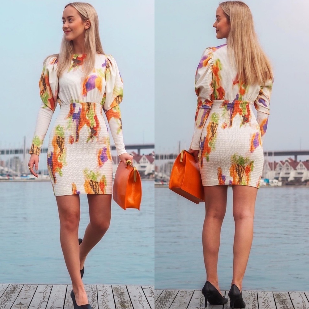 New Rotate Birger Christensen‎ Doris Shirred Floral Print Ribbed Mini Dress 6